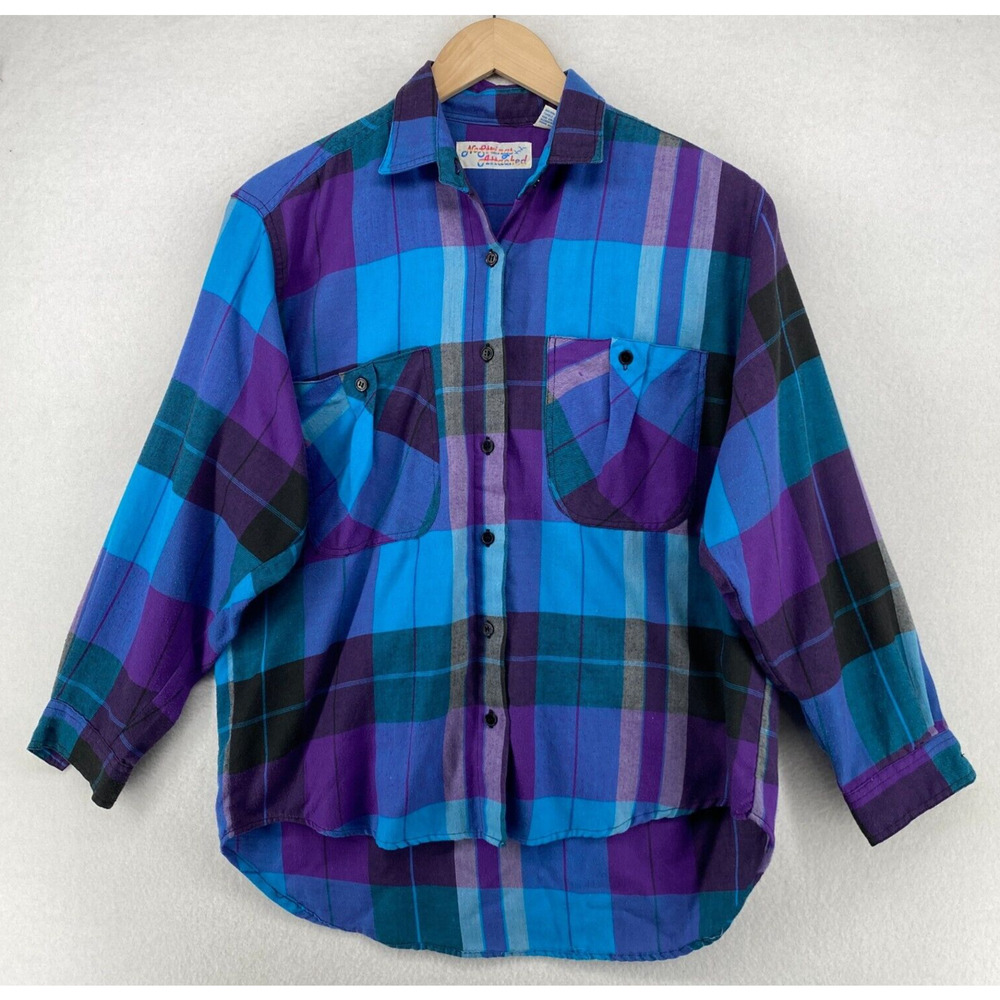 NO STRINGS ATTACHED Shirt Womens S Plaid Button Front Long Sleeve Blue Vtg 80s